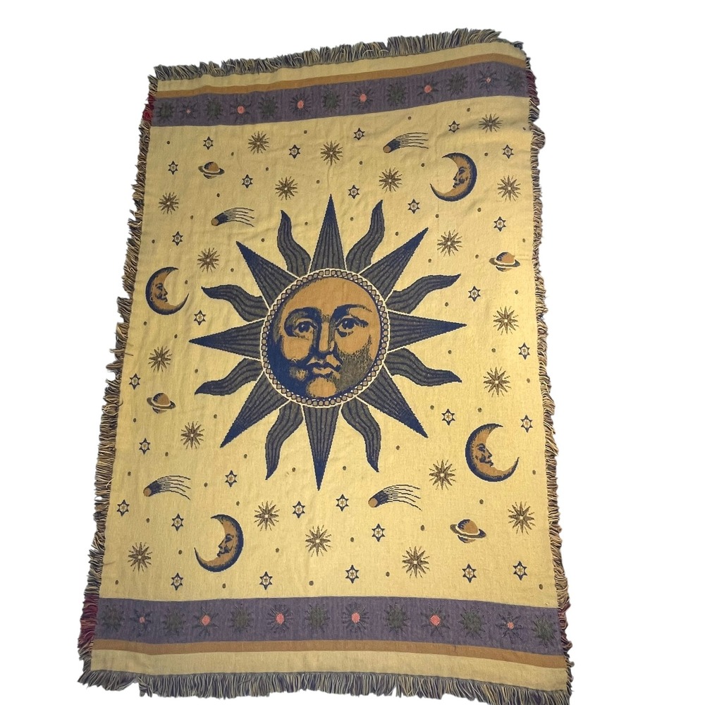 Celestial Blanket Sun Moon Stars Woven Throw FLAWS Hippie Boho Bohemian Witchy - Picture 2 of 16
